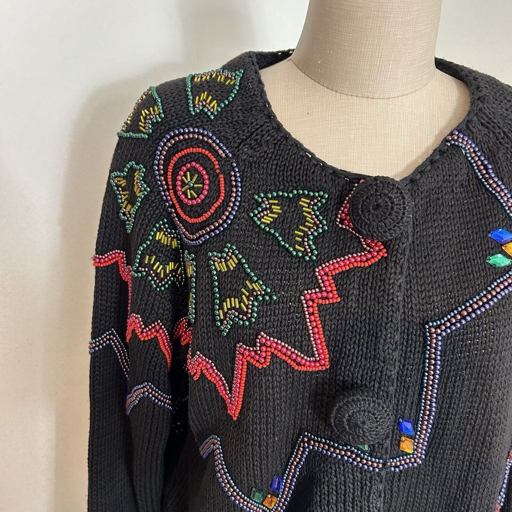 Vintage New York‎ News 1980s Boxy Beaded Black Cardigan Sweater Medium - Picture 2 of 11